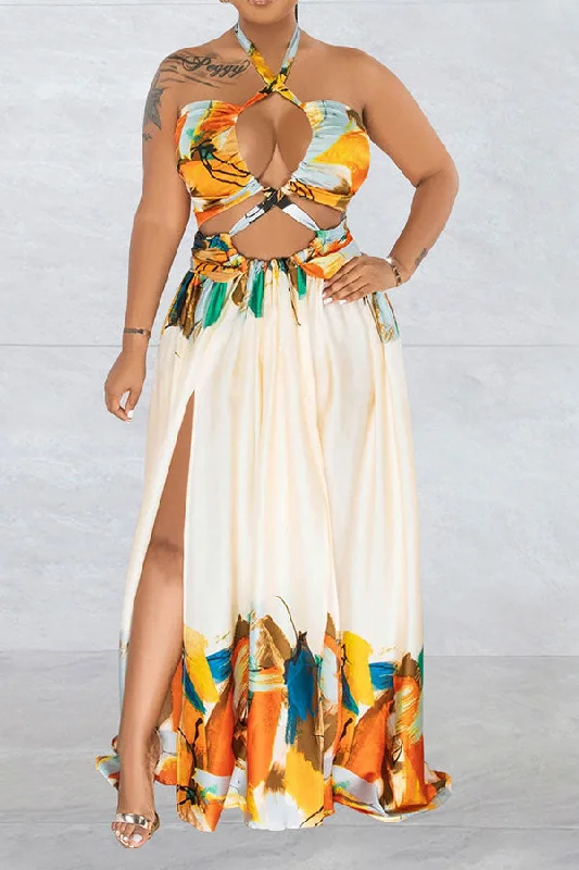 Elegant Style Graffiti Print Tropical Strappy Cutout Open Back Maxi Dress