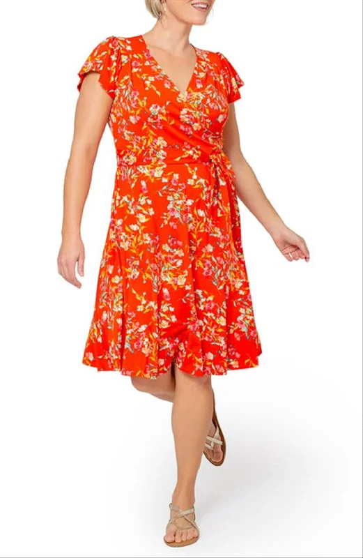 Trend Setting Threads Leota Women's Monique Floral Jersey Faux Wrap Dress Orange Size 2X