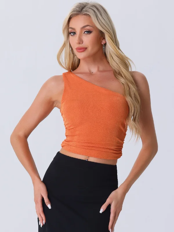 Spring Fling Sale Sleeveless One Shoulder Ruched Cropped Tank Top