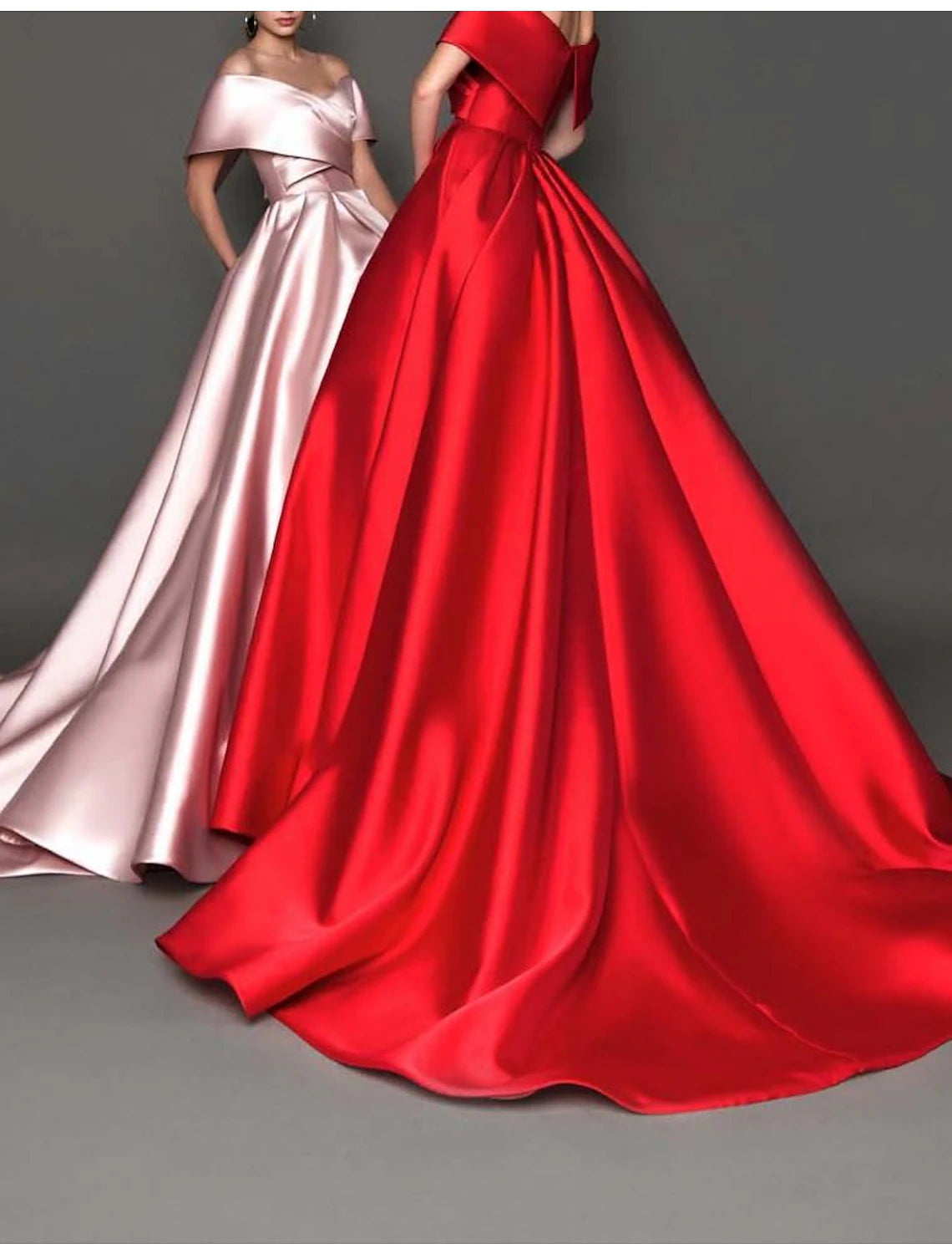 Break Fashion Norms Ball Gown Celebrity Style Minimalist Princess Quinceanera Formal Evening Dress Off Shoulder Short Sleeve Court Train Satin with Pleats Pure Color