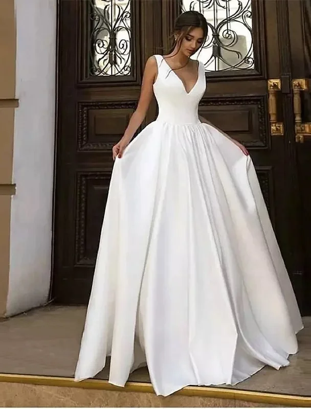 Trendy Women’S Wear Reception Casual Formal Wedding Dresses A-Line V Neck Sleeveless Floor Length Satin Bridal Gowns With Pleats Solid Color Summer Fall Wedding Party Women's Clothing