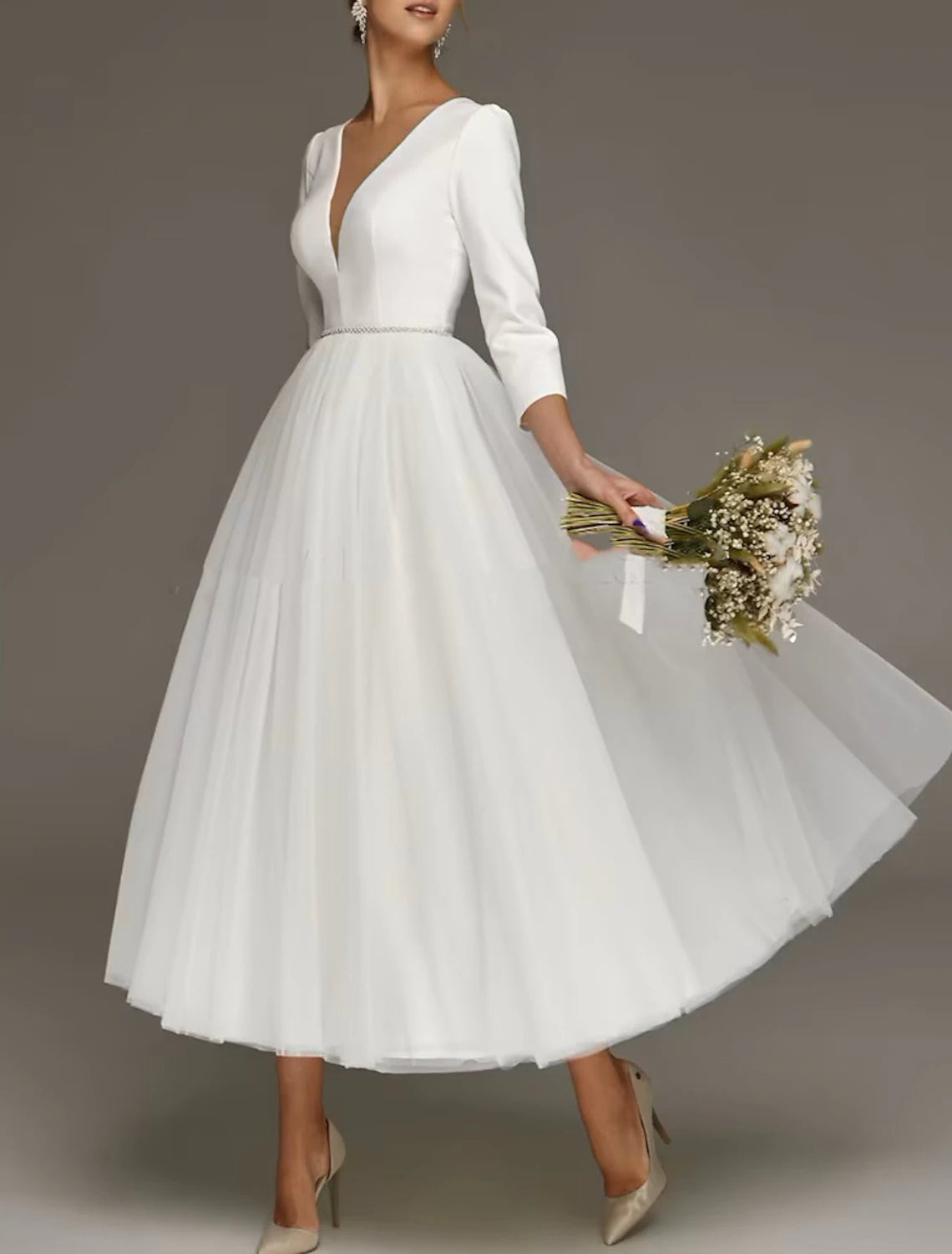 From Casual To Classy Bridal Shower Simple Wedding Dresses Wedding Dresses A-Line Off Shoulder Cap Sleeve Tea Length Chiffon Bridal Gowns With Ruched Split Front