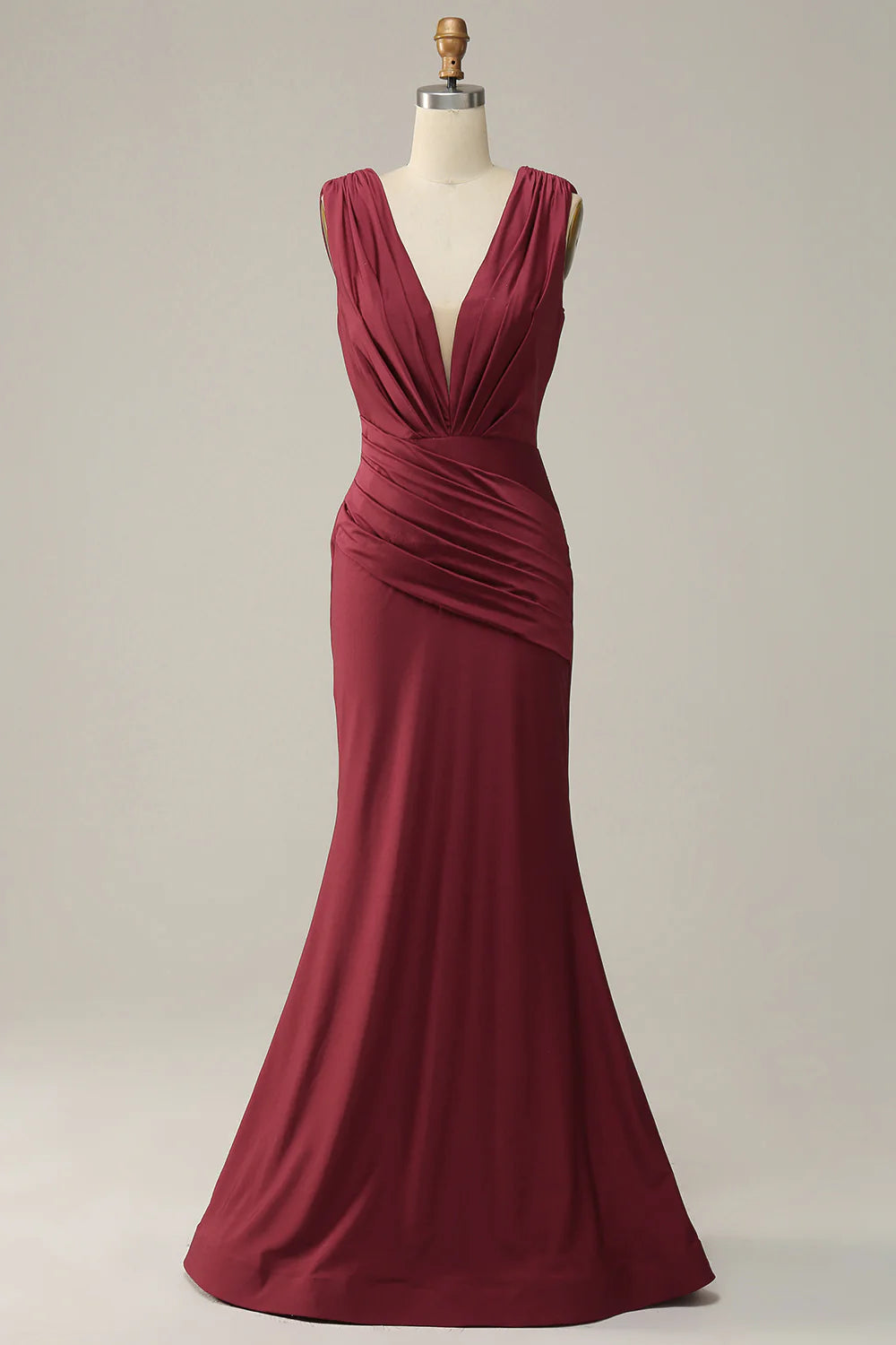 Stylish Savings Mermaid Deep V Neck Burgundy Sleeveless Long Prom Dress