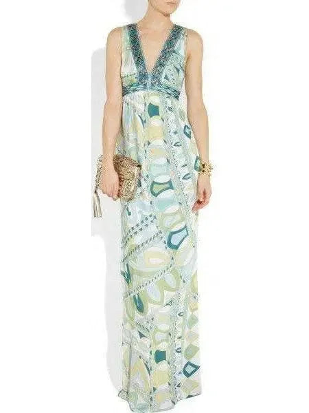 Seasonal Fashion Geometric Printed Deep V-Neck Sleeveless Long Jersey Silk Maxi Dress