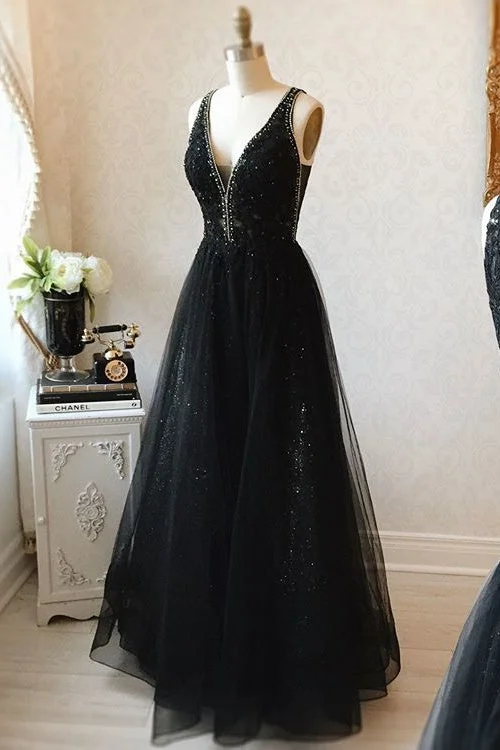 Fashion Forward V-Neck Black Floor Length Long Prom Dresses Modest Party Gowns Y0024