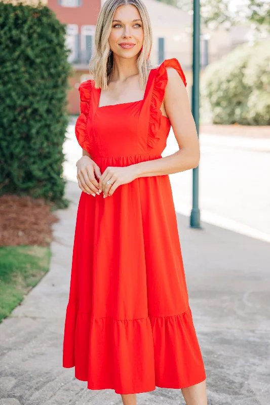 Style Your Wardrobe What You're Looking For Coral Red Ruffled Midi Dress