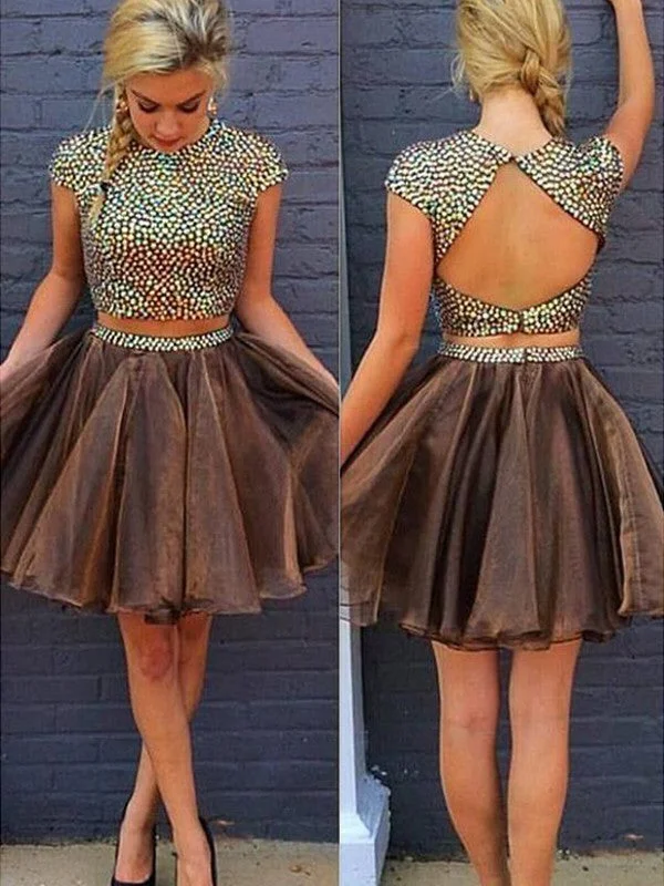 Fashion Forward A-Line/Princess Sleeveless Scoop Beading Short/Mini Organza Two Piece Dresses