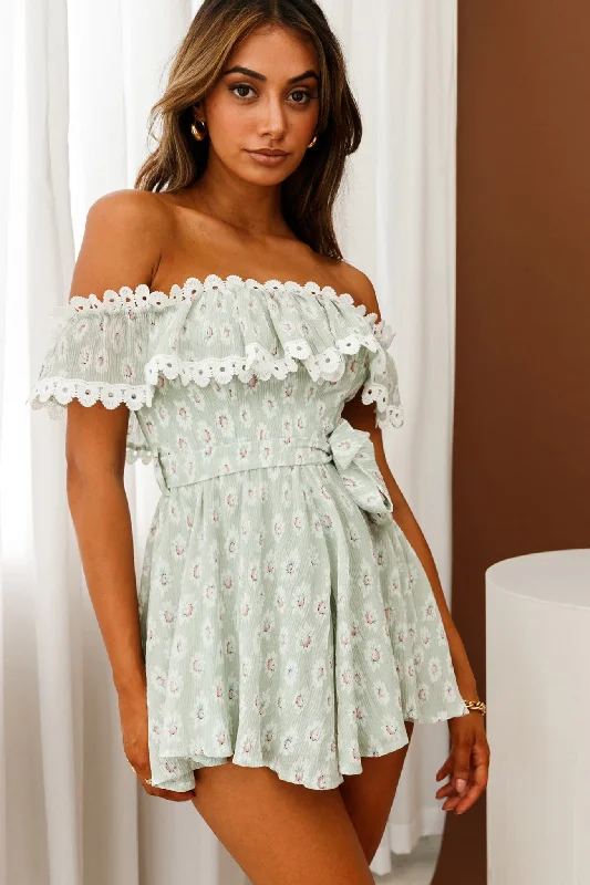 Women's Chic Outfit Contemporary Elegance Jalisco Off-Shoulder Waist Tie Romper Floral Print Sage/White