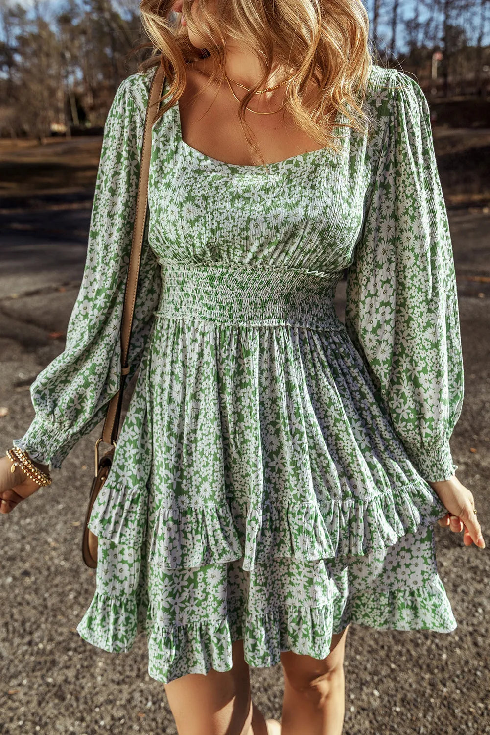 Unleash Your Style Ruffle Hem Floral Square Neck Long Sleeve Dress