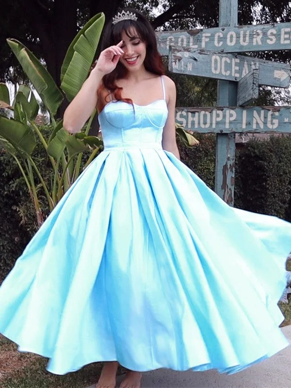 Holiday Glam Ball Gown Spaghetti Straps Sleeveless Satin Ruffles Tea-Length Homecoming Dresses