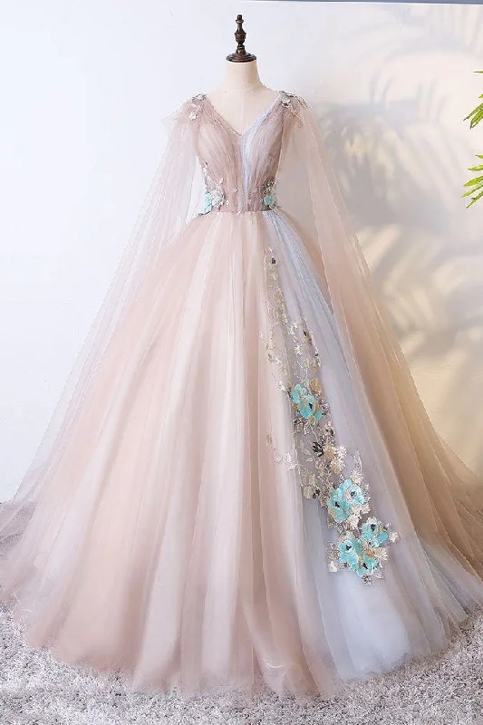 Boutique Styles Ball Gown V Neck Tulle Prom Dress with Appliques Quinceanera Dress N2392