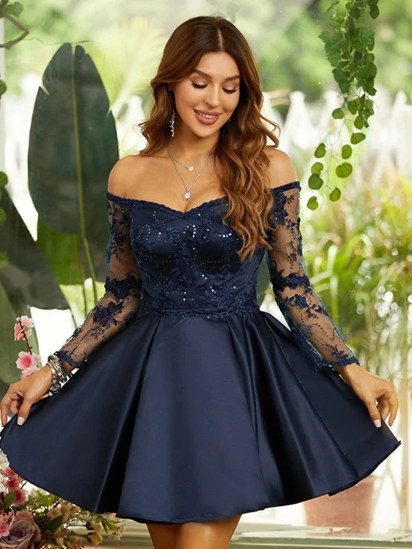 Classic Appeal A-Line/Princess Satin Lace Off-the-Shoulder Long Sleeves Short/Mini Dresses