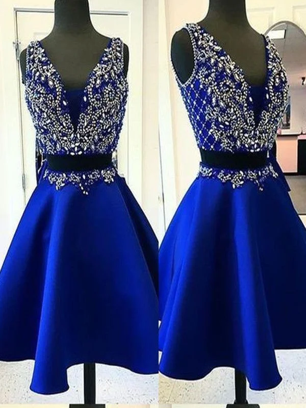 Vintage Style Clothing Sale A-Line/Princess Satin Beading V-neck Sleeveless Short/Mini Two Piece Homecoming Dress