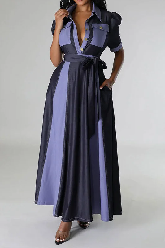 Huge Discounts This Week Color Block Patchwork Classic Belted Maxi Dress