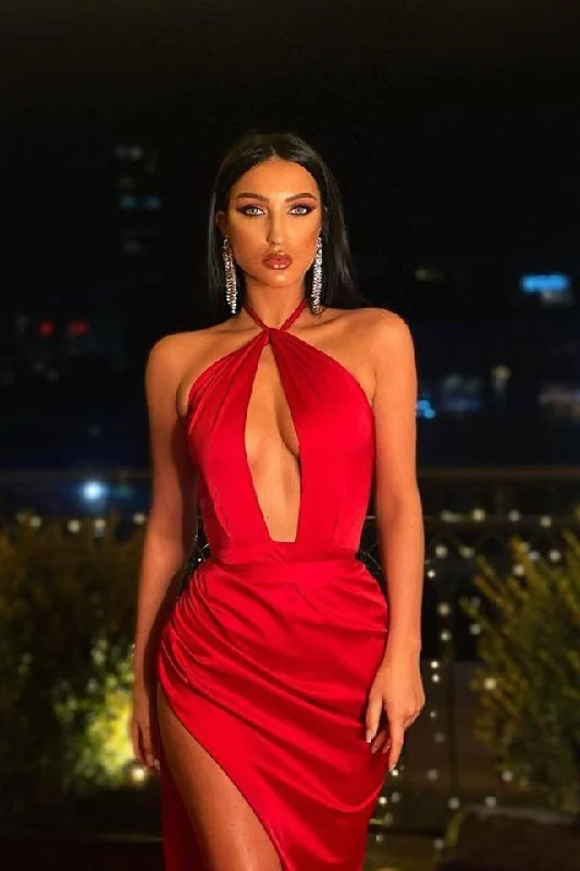 Cottagecore Rustic Charm Style Sexy Mermaid Halter Red Satin Deep V Neck Prom Evening Dresses with High Split,Evening Party Dresses     S3606