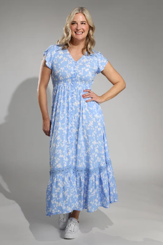 Premium Quality Garments Floral button front Maxi Dress | BLUE/WHITE FLORAL | 0023A1