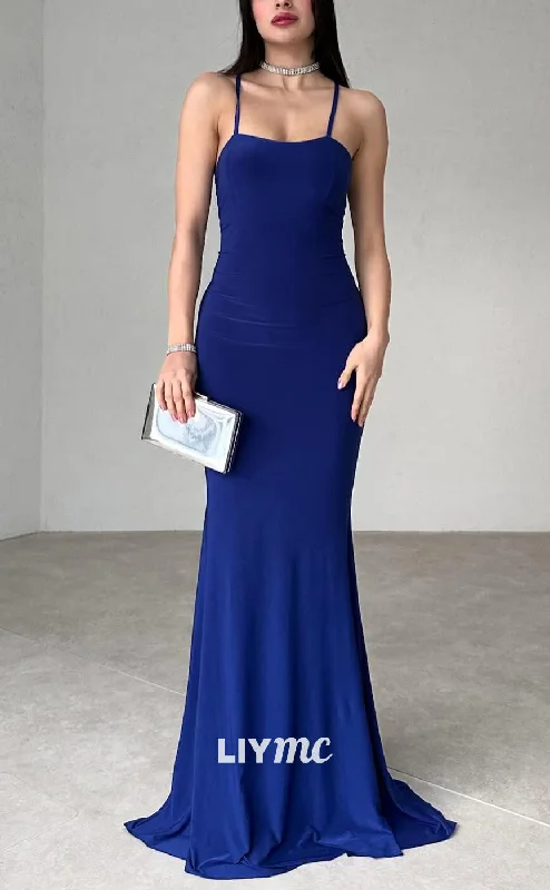 Sophisticated Fashion LP2201 - Square Sleeveless Crisscross Straps Sleek Satin Mermaid Prom Dress