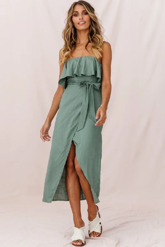 All Season Basics Discount Hamilton Bandeau Ruffle Midi Dress Olive