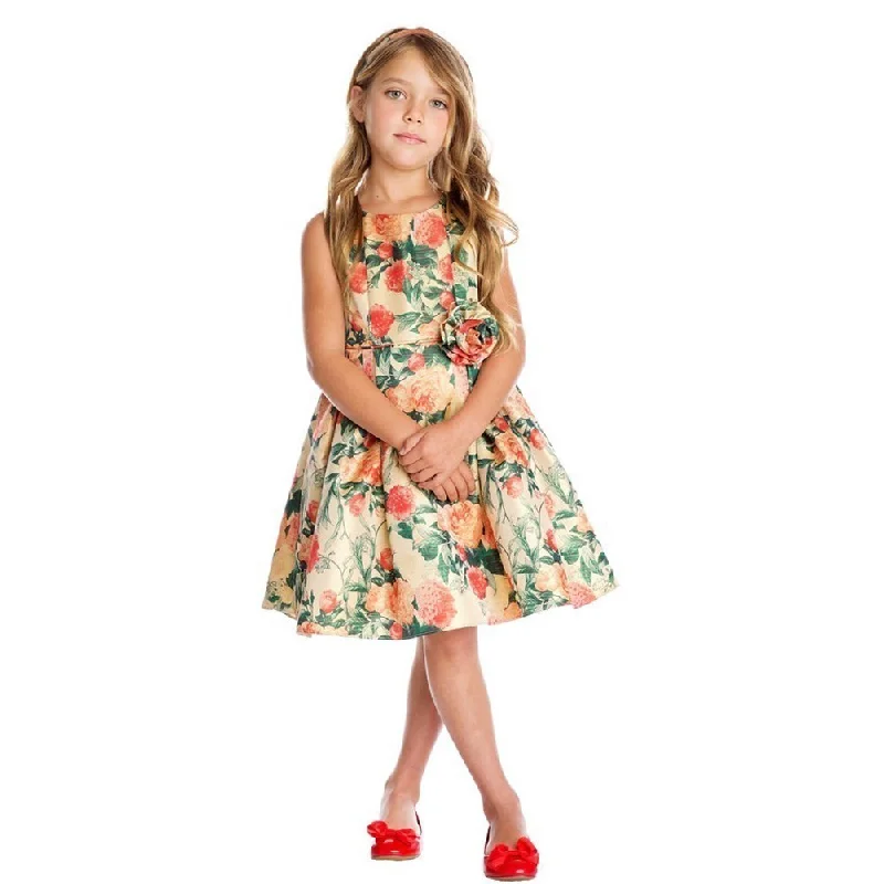 Huge Discounts This Week Little Girls Gold Garden Floral Print Elegant Flower Girl Dress 2-6