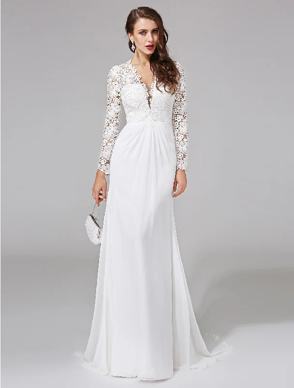 Hot Trends Beach Royal Style Boho Wedding Dresses Sheath / Column Illusion Neck Long Sleeve Sweep / Brush Train Chiffon Bridal Gowns With Lace Button