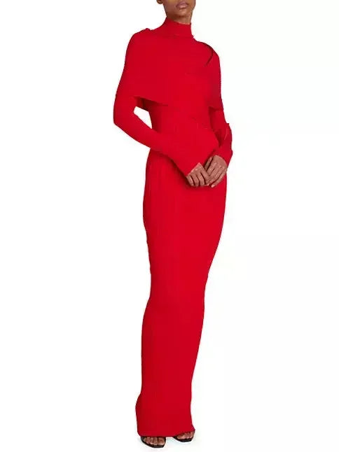 Comfort Meets Fashion Cross-Over High-Neck Plissé Design Red Knit Maxi Dress