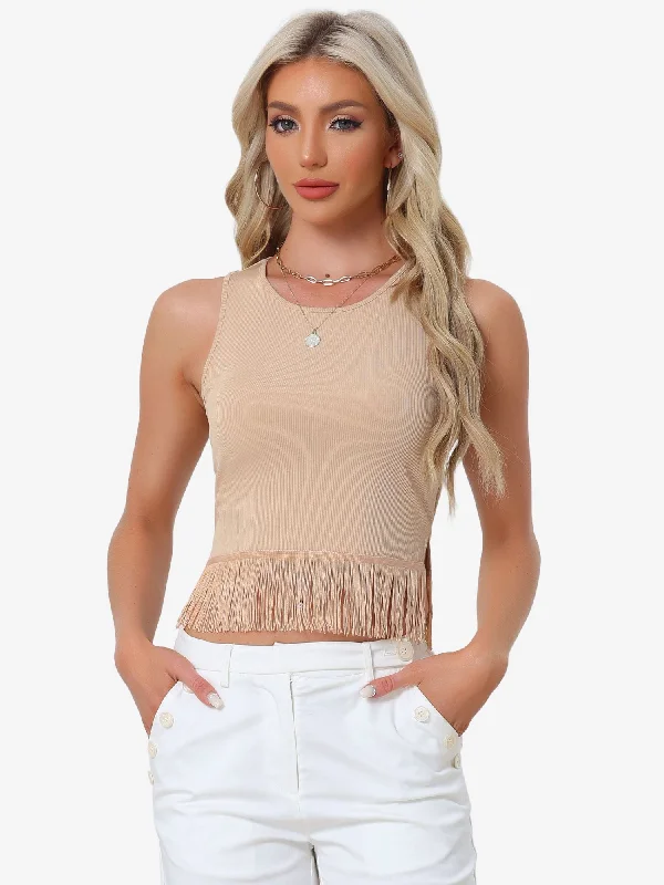 Limited - Time Bundle Crew Neck Sleeveless Crop Tassel Trim Ribbed Knit Tank