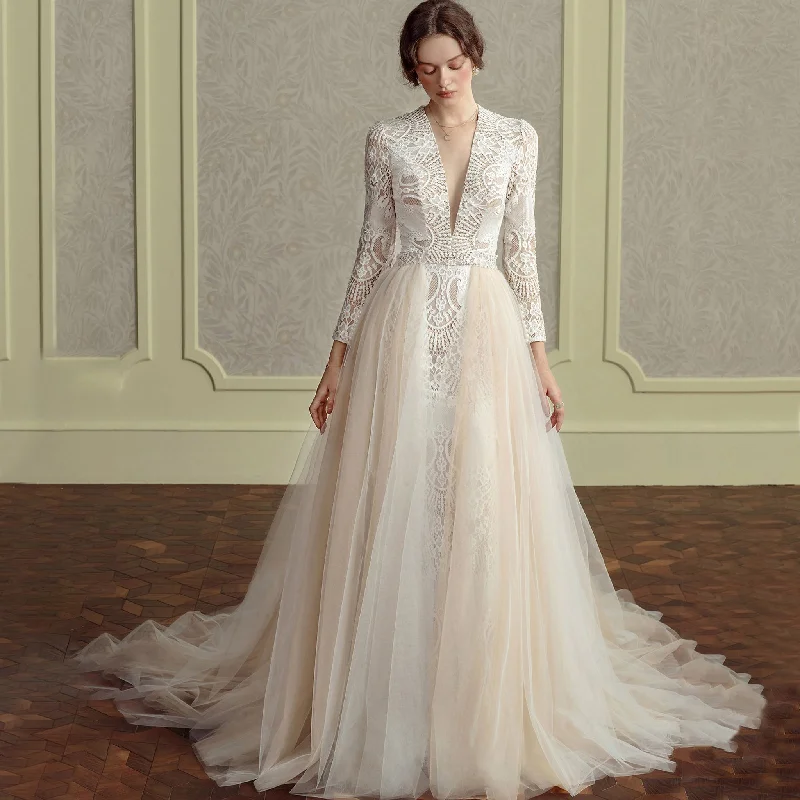 Clearance Sale, All Cheap Keyhole Plunging A Line Wedding Dresses with Long Sleeve