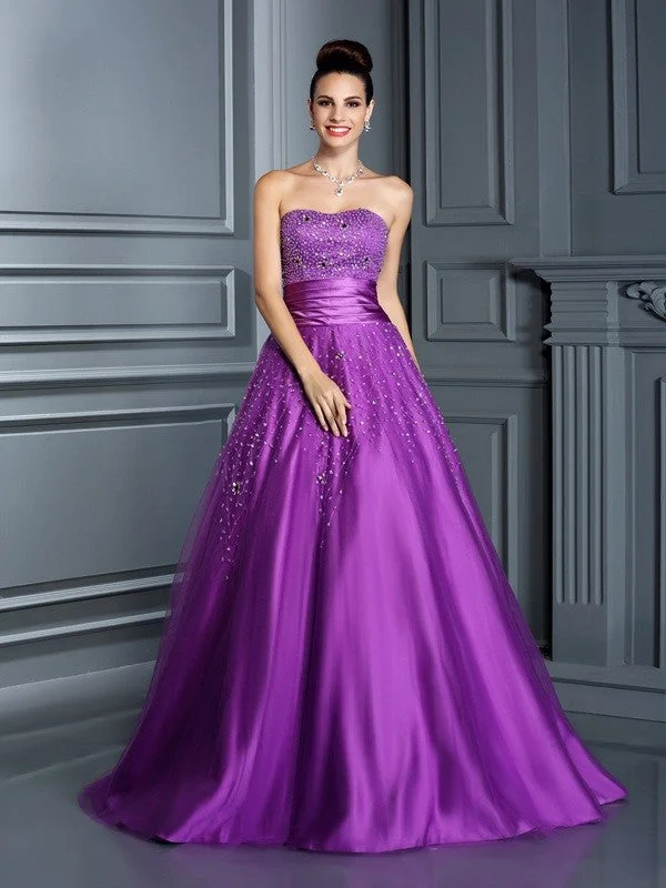 Evening Elegance Ball Gown Sweetheart Beading Sleeveless Long Satin Quinceanera Dresses