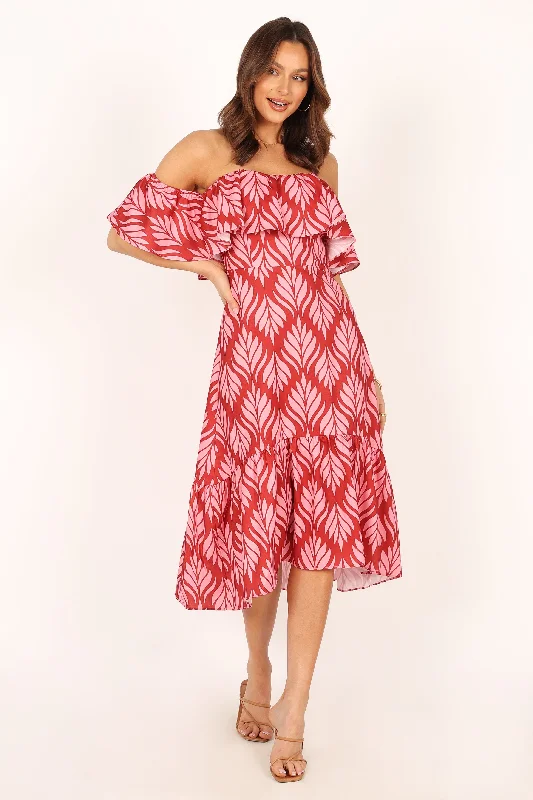 Valentine's Special Neoma Strapless Midi Dress - Red Palm Print