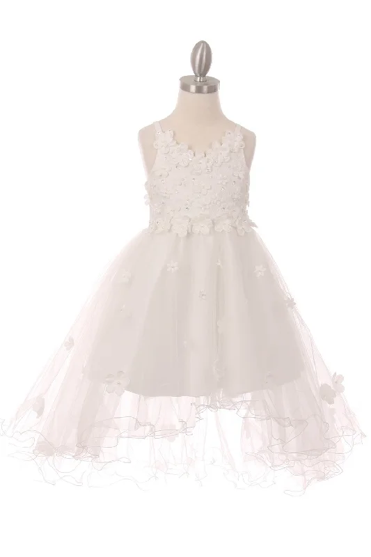 Catch Every Fashion Trend Girls White 3D Floral Appliques Satin Tulle Junior Bridesmaid Dress 2-12