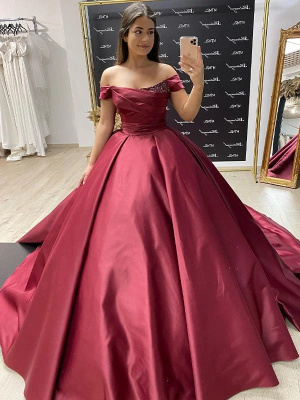 Trend Alert Ball Gown Satin Ruffles Off-the-Shoulder Sleeveless Sweep/Brush Train Dresses