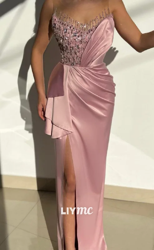 Pastel Styles LP2027 - Scoop Sleeveless Beaded Pleated High Slit Side Slit Prom Dress