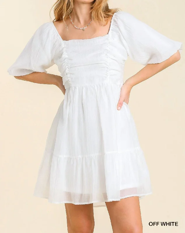 Versatile Style Wardrobe Puff Sleeved Mini Dress In Off White