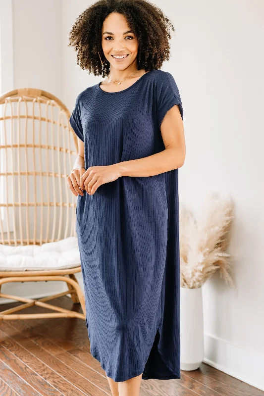 Trendy Threads It's All Here Navy Blue Ribbed Midi Dress