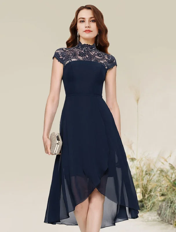 Artful Design A-Line Cocktail Dresses Flirty Dress Homecoming Asymmetrical Sleeveless Jewel Neck Chiffon with Lace Insert