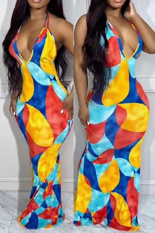 Massive Savings Graphic Print Colorful Halter Collar Maxi Dress