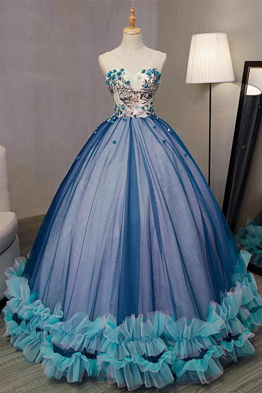 Urban Femme Streetwear Blue Ball Gown V-Neck Sleeveless Appliqued Tulle Prom Dresses Hot Quinceanera Dresses N2538