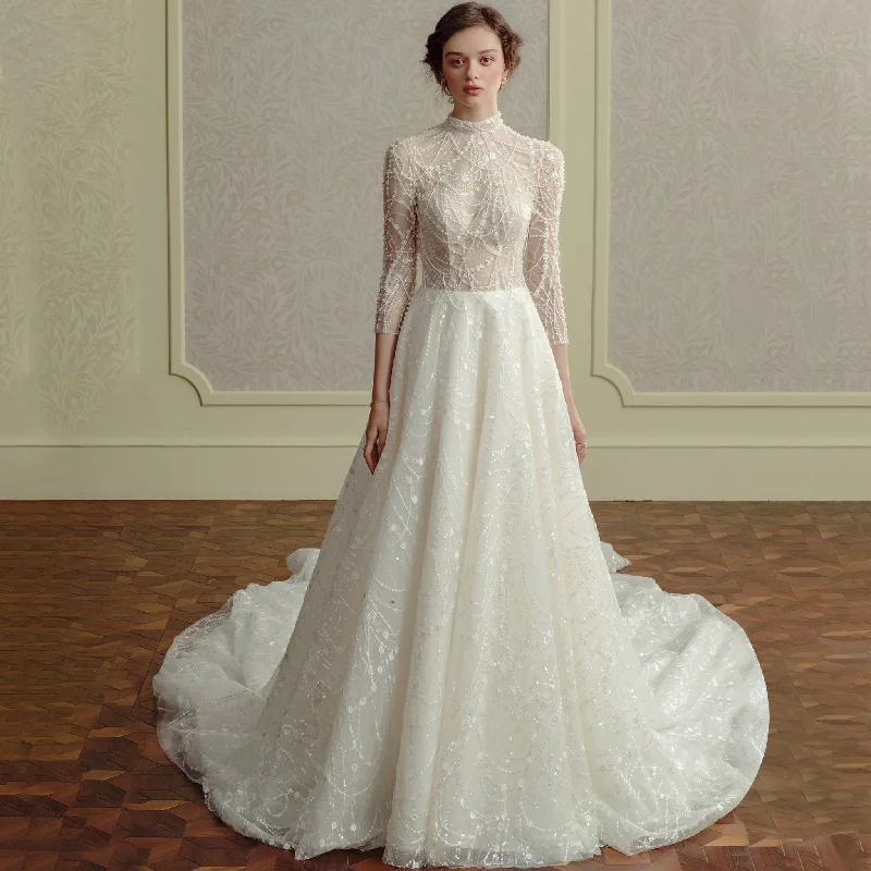 Exclusive Discounts Elegant Sparkly High Neck Wedding Dress with Sheer Bodice