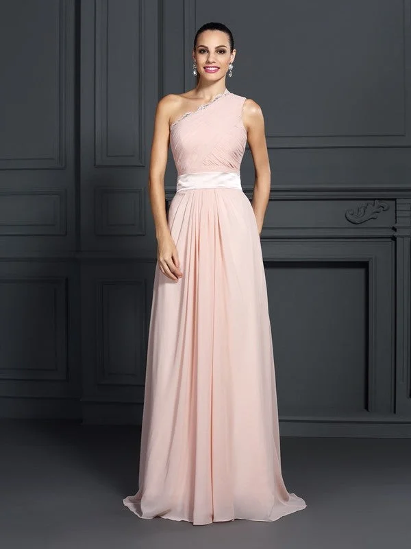 Formal Outfit A-Line/Princess One-Shoulder Ruffles Sleeveless Long Chiffon Dresses