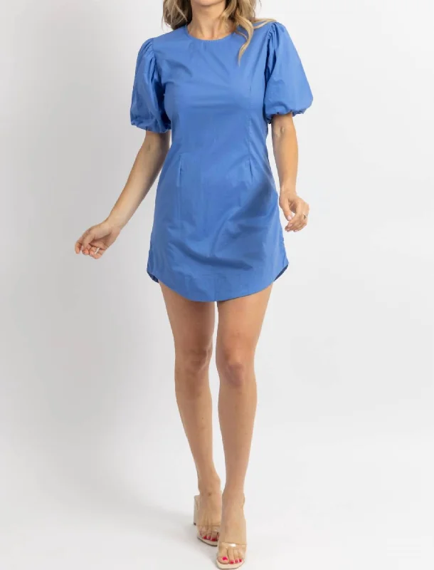 Low Price Special Azure Puff Sleeve Poplin Mini Dress In Blue