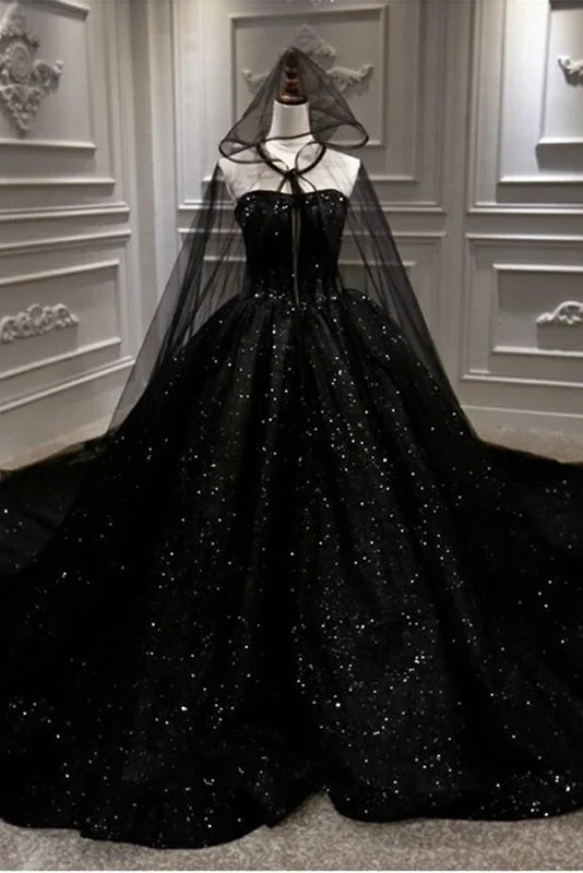 Chic Style Sequin Shiny Strapless Black Ball Gown Princess Prom Dresses Y0171