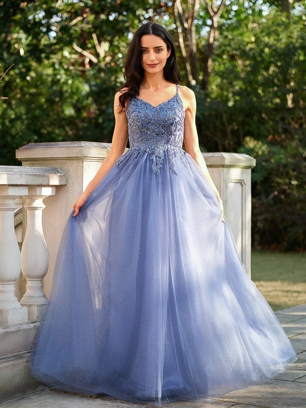 Summer Deals A-Line/Princess Tulle Applique V-neck Sleeveless Floor-Length Dresses