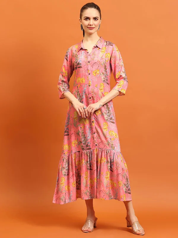 Chic Styles Women Pink Liva Rayon Floral Printed Dress