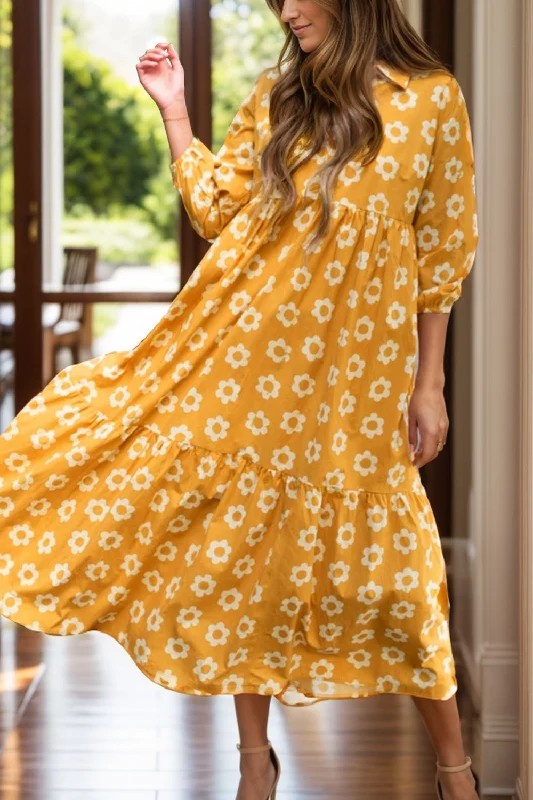 Style Breakthroughs Floral Collared Neck Three-Quarter Sleeve Dress