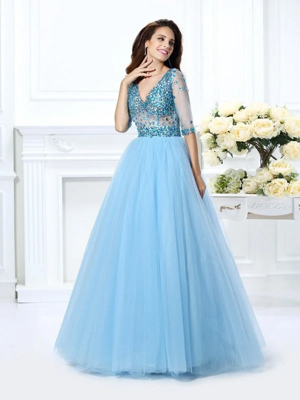 Latest Fashion Ball Gown V-neck Beading 1/2 Sleeves Long Satin Quinceanera Dresses