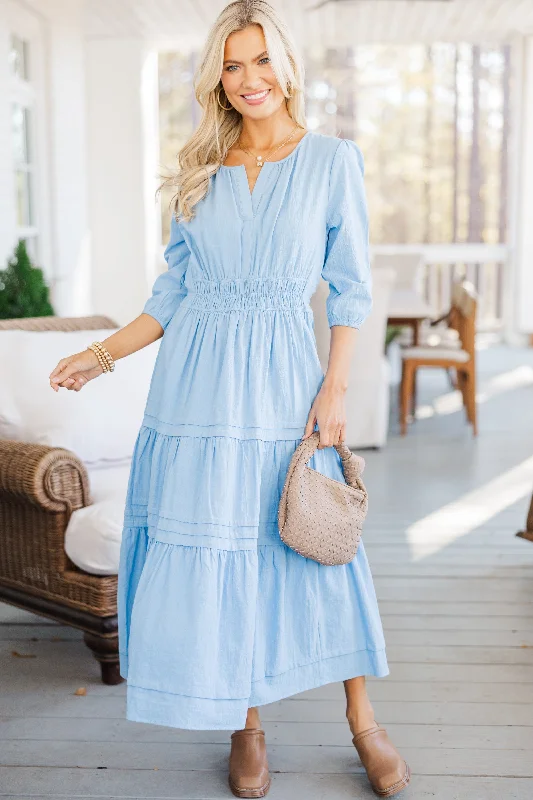 Step Ahead, Lead The Trend It's In The Air Light Blue 3/4 Sleeve Midi Dress