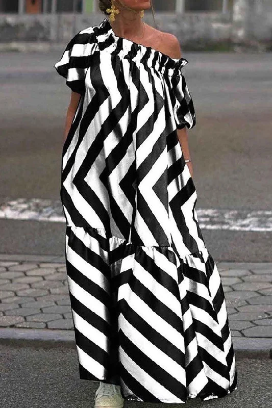 New Styles Just In Color Block Zig Zag Urban Ruffle Hem Maxi Dress