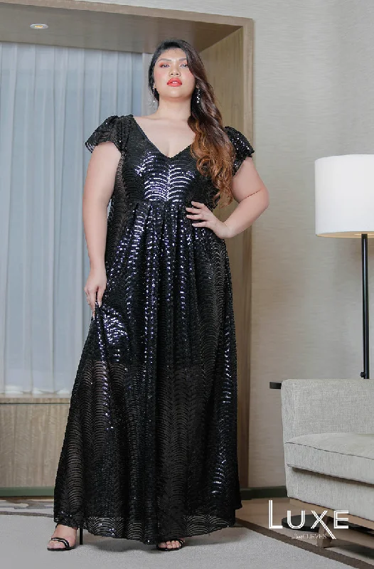 Casual Chic Deep V-Neck Glitter Gown - Black Queen - LUXE