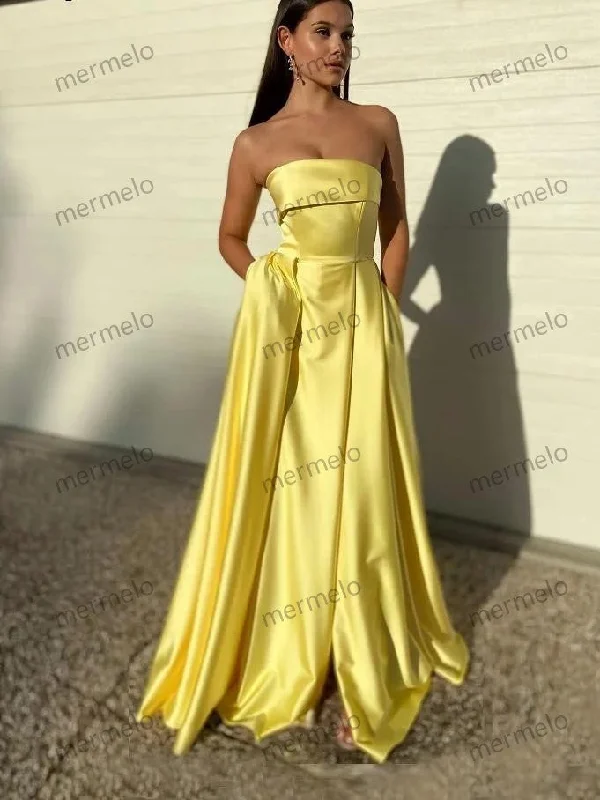 Ethnic Cultural Event Wear Customized Yellow Satin Evening Gown 2025 Strapless Long A Line Women Prom Dresses Gala Celebrity Formal Gown with Pockets