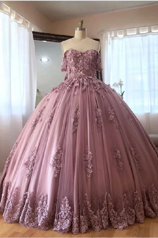 Vibrant Femme Fashion Gorgeous Off the Shoulder Lace Appliques Tulle Quinceanera Puffy Ball Gown Prom Dresses